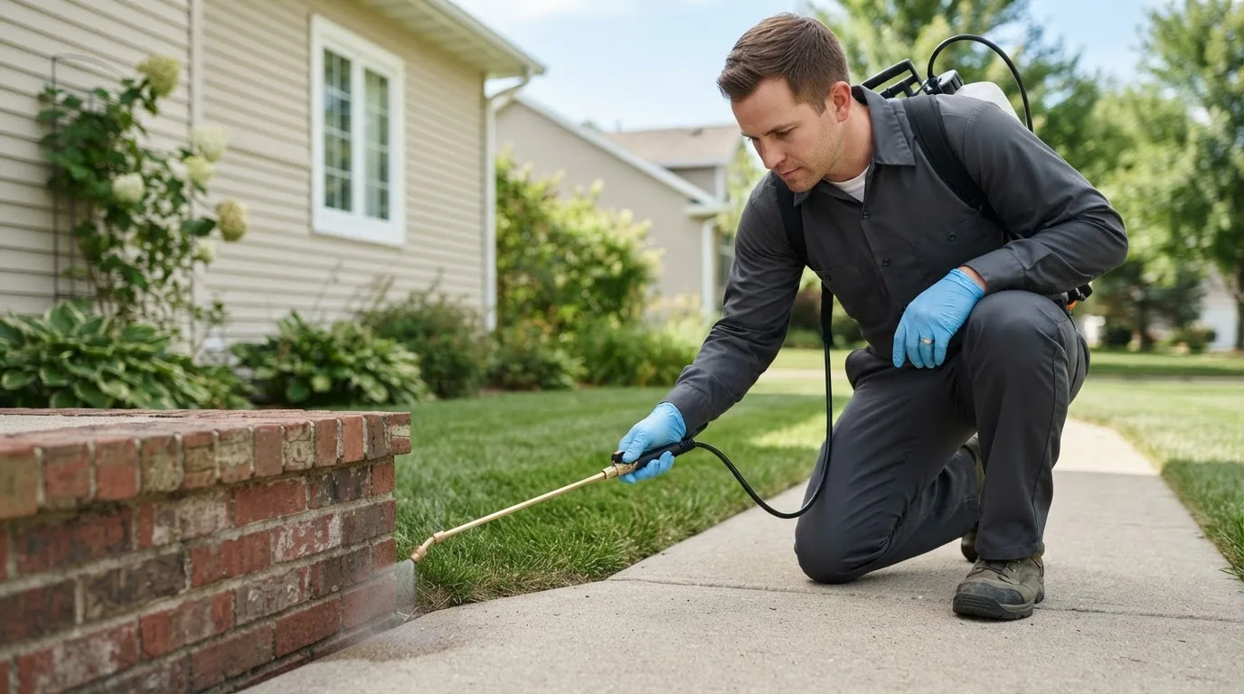 Pest control technician treating a home near Fort Loudon, PA