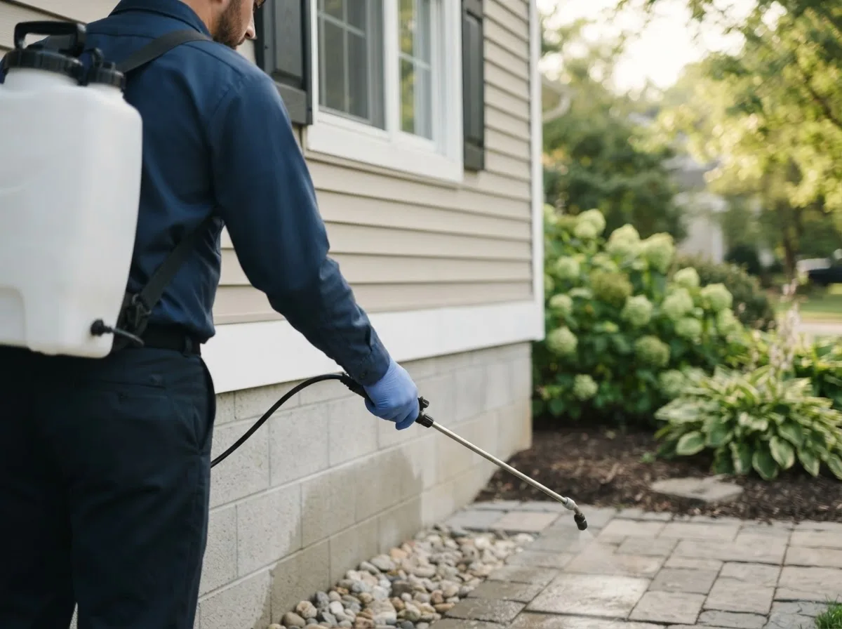 Pest control technician inspecting a home in Fort Loudon, PA